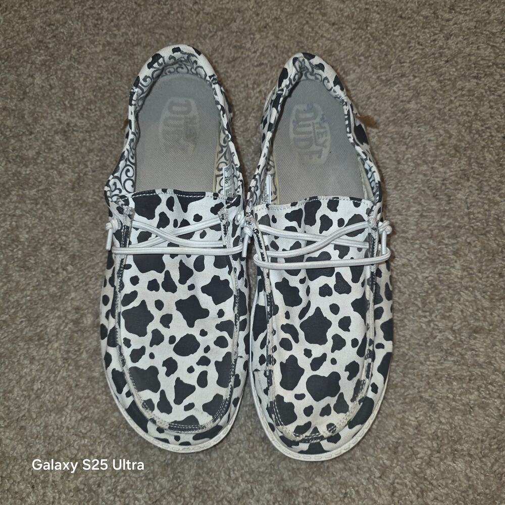 EUC Hey Dude, cow print slip on shoes size‎ 10w